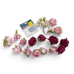 Craft Lot Paper Roses Pink Burgundy Red Blue Satin 2" 1" MIsc Vintage